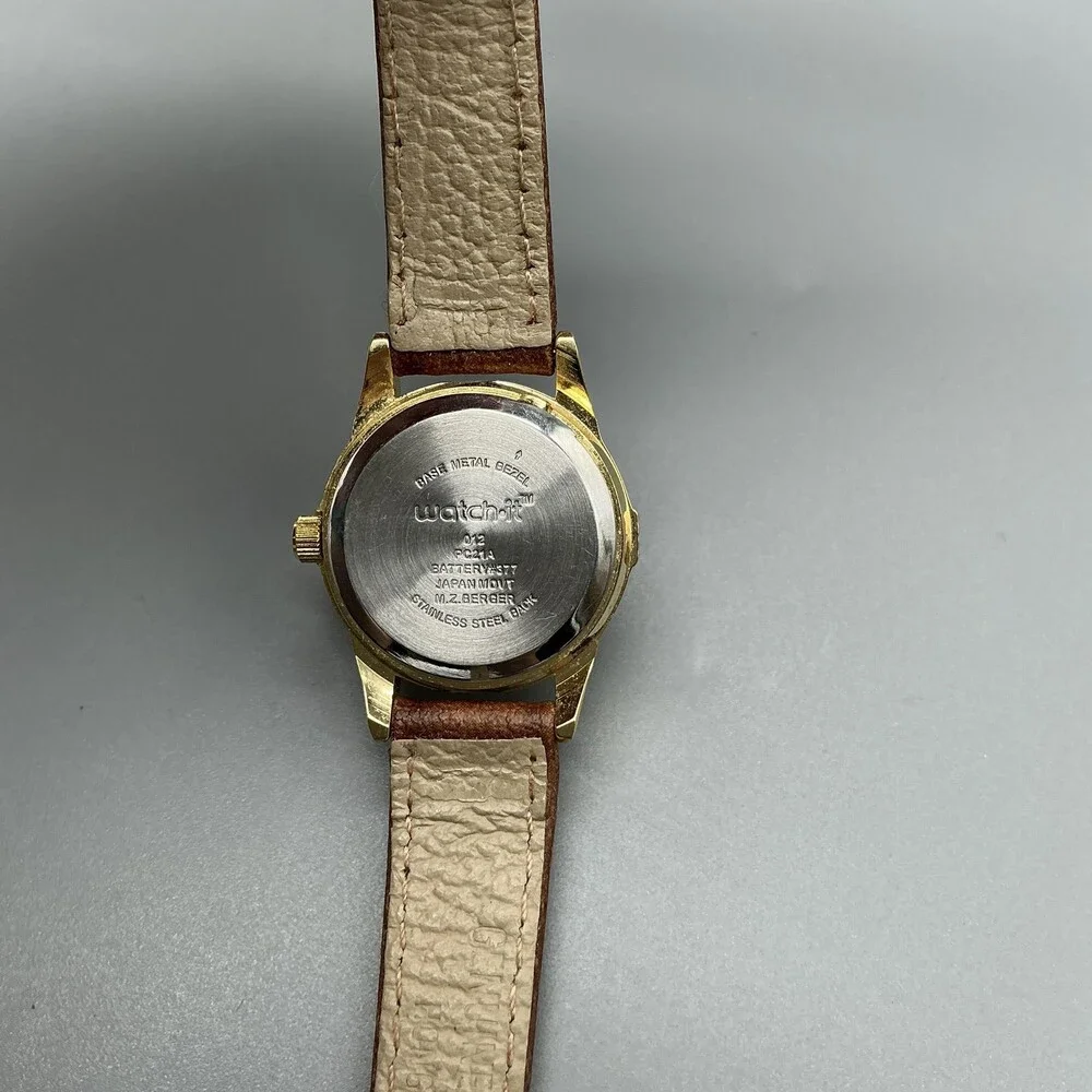 Watch-it! Womens Watch 24mm Cream Dial Gold Tone Brown Leather New Battery